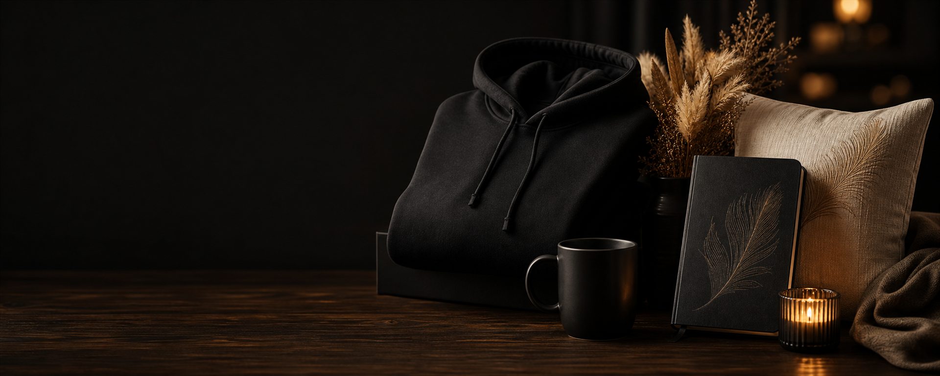 Black and gold lifestyle collection with a hoodie, mug, notebook and cushion